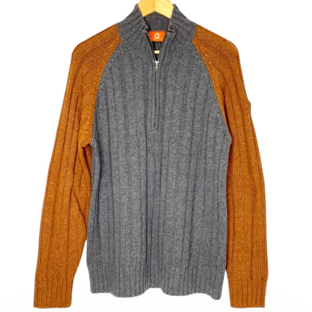Merrell Men’s Gray and Tan Orange Wool Blend Zip-Up Sweater | Large | NWOT